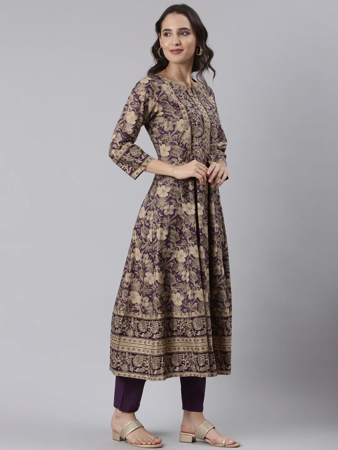 Purple Cotton Printed Anarkali Three Piece Set - Image 2