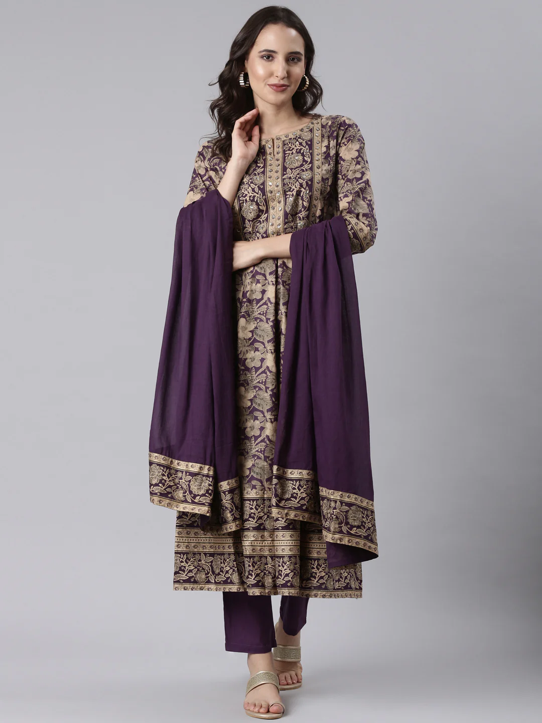 Purple Cotton Printed Anarkali Three Piece Set - Image 5