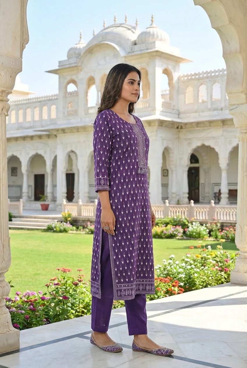 Purple Cotton Printed Two Piece Set - Image 3
