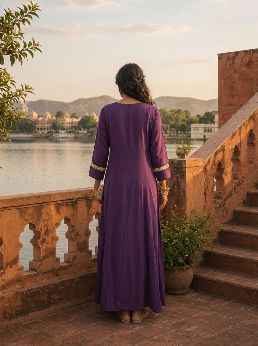 Purple Crepe Contrast Floral Thread Embroidered Dress - Image 2