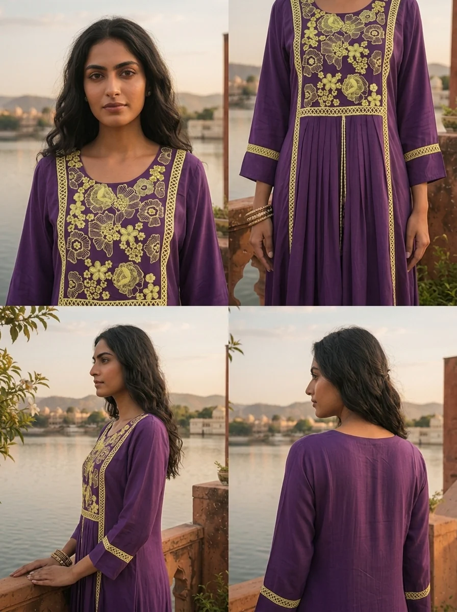 Purple Crepe Contrast Floral Thread Embroidered Dress - Image 5