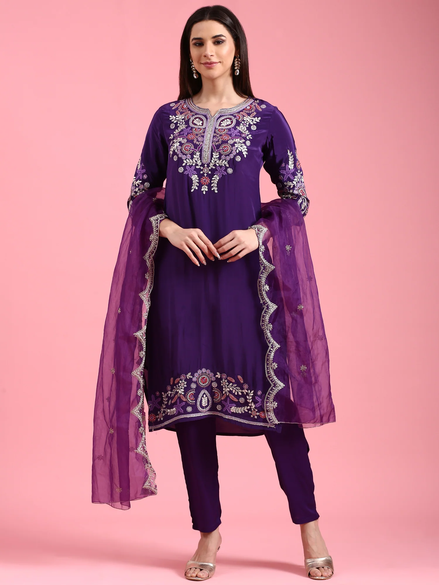 Purple Crepe Embroidery Three Piece Suit Set - Image 2