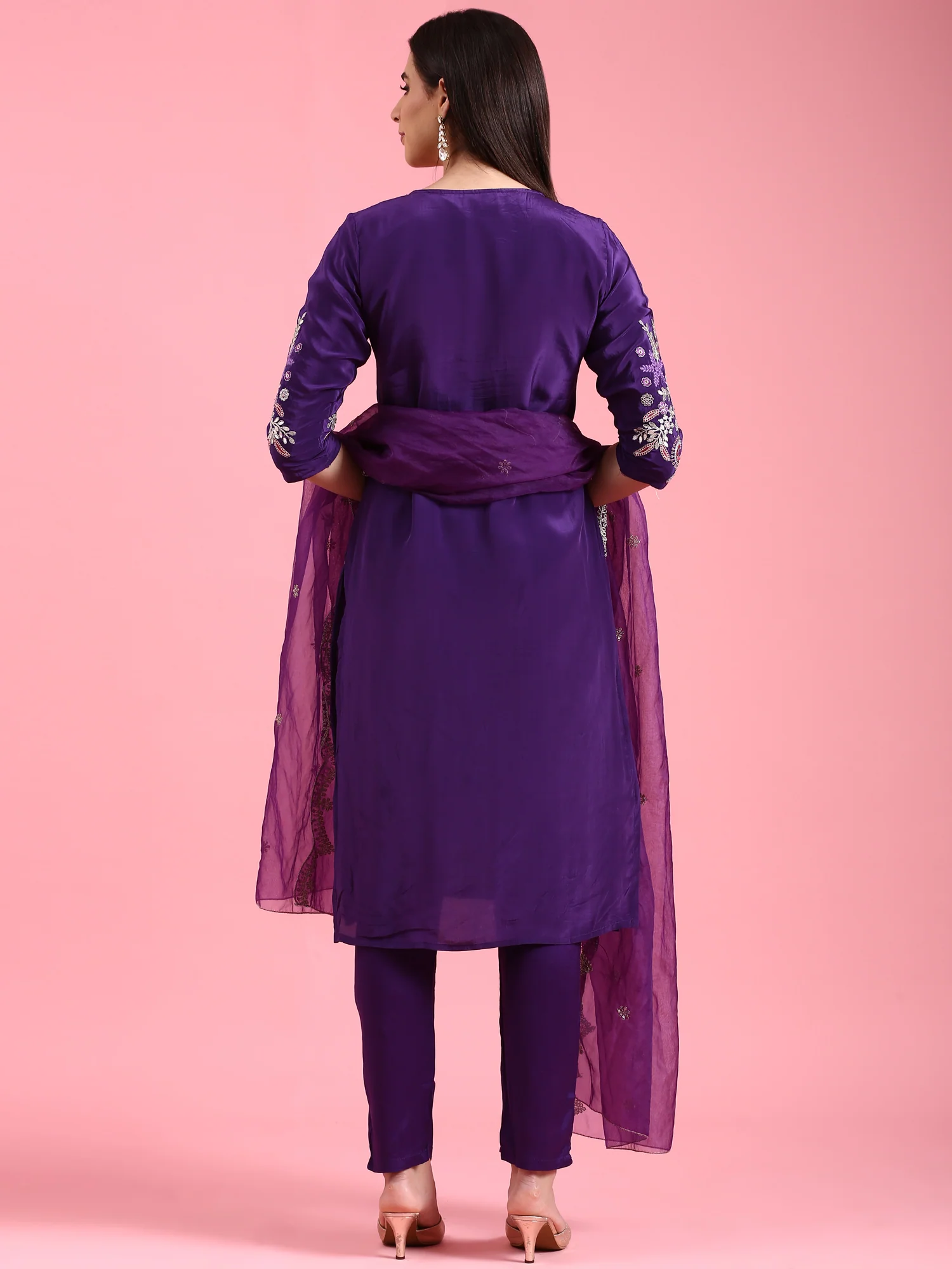 Purple Crepe Embroidery Three Piece Suit Set - Image 4