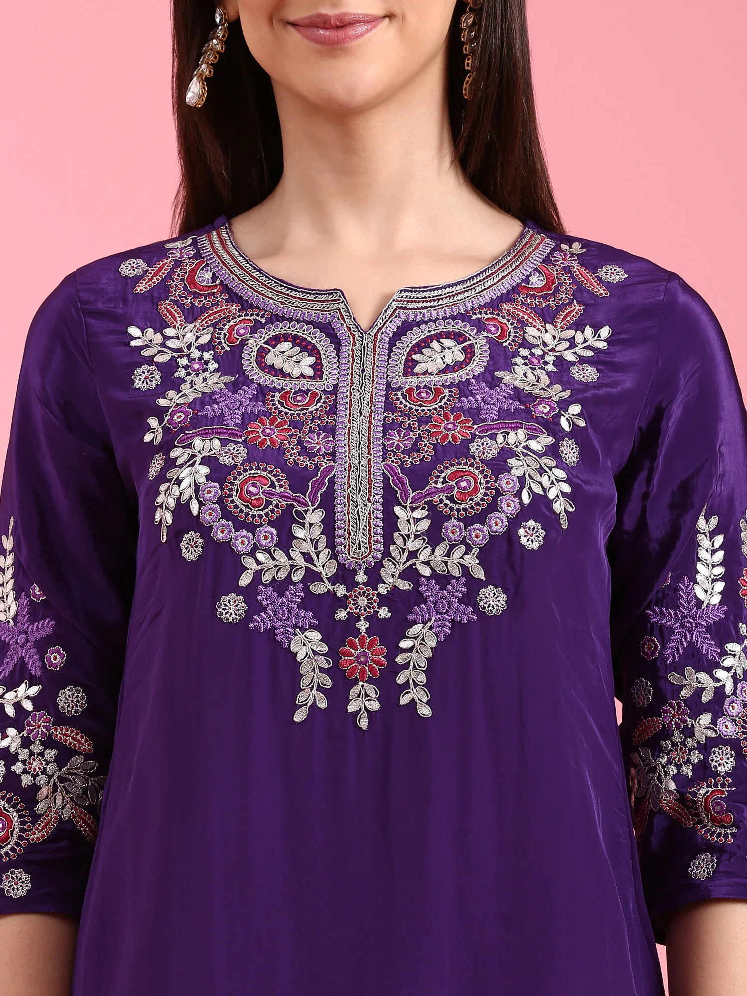 Purple Crepe Embroidery Three Piece Suit Set - Image 5