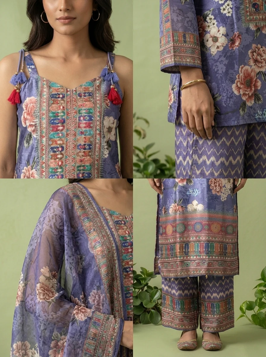 Purple Crepe Floral Printed And Thread Embroidery Three Piece Set - Image 4