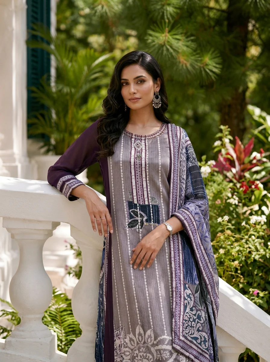 Purple Crepe Floral Printed Three Piece Set - Image 3