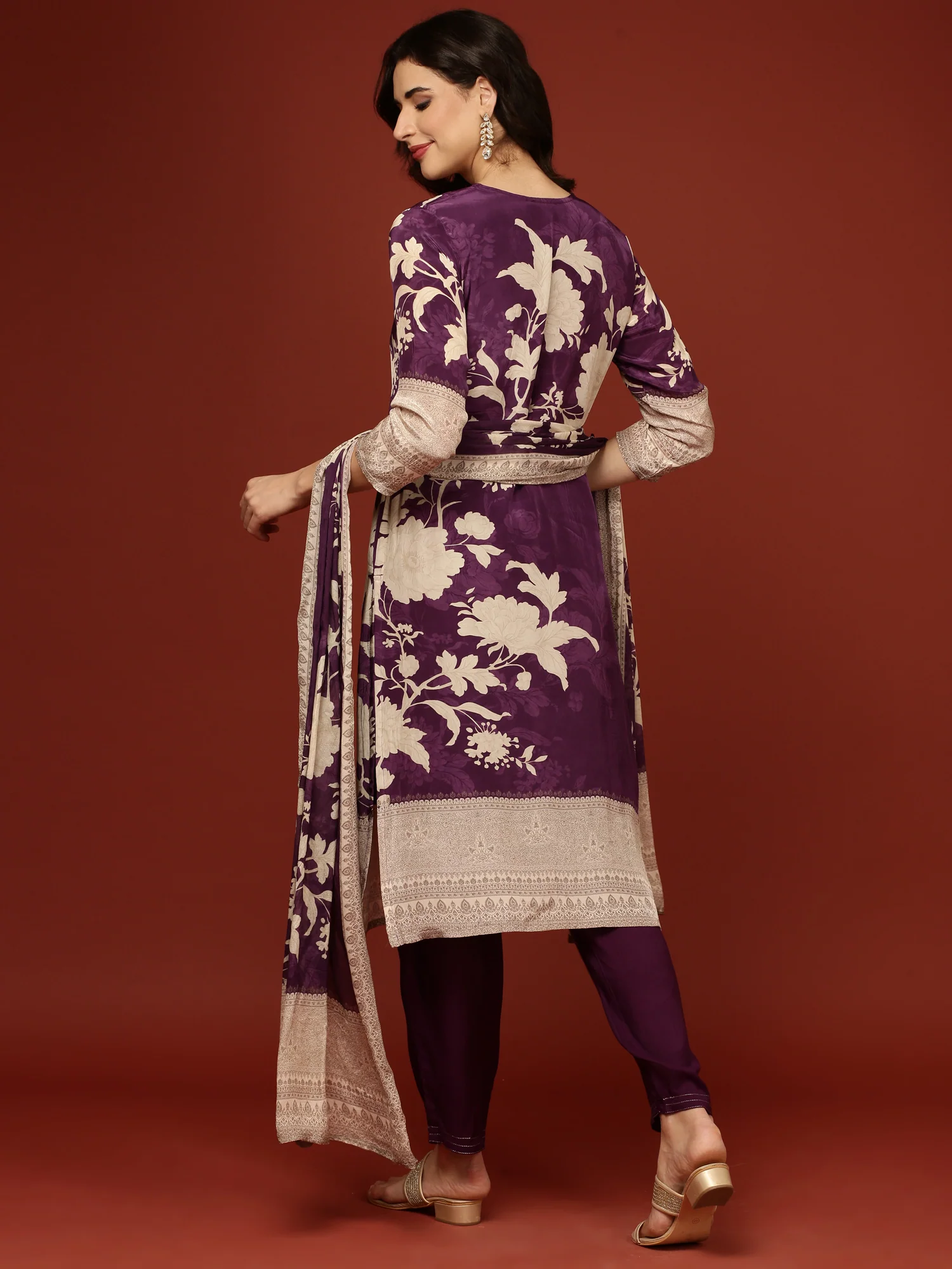 Purple Crepe Floral Printed Three Piece Set - Image 3