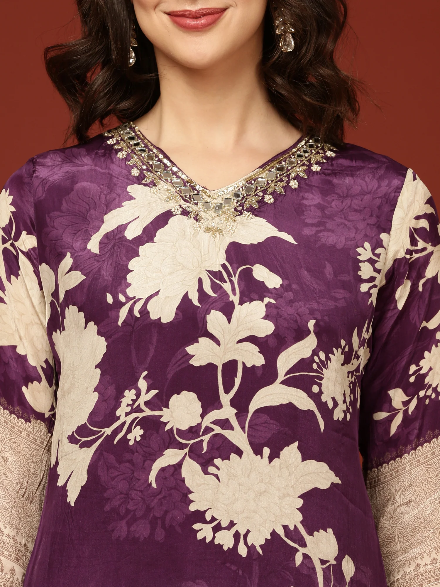 Purple Crepe Floral Printed Three Piece Set - Image 4