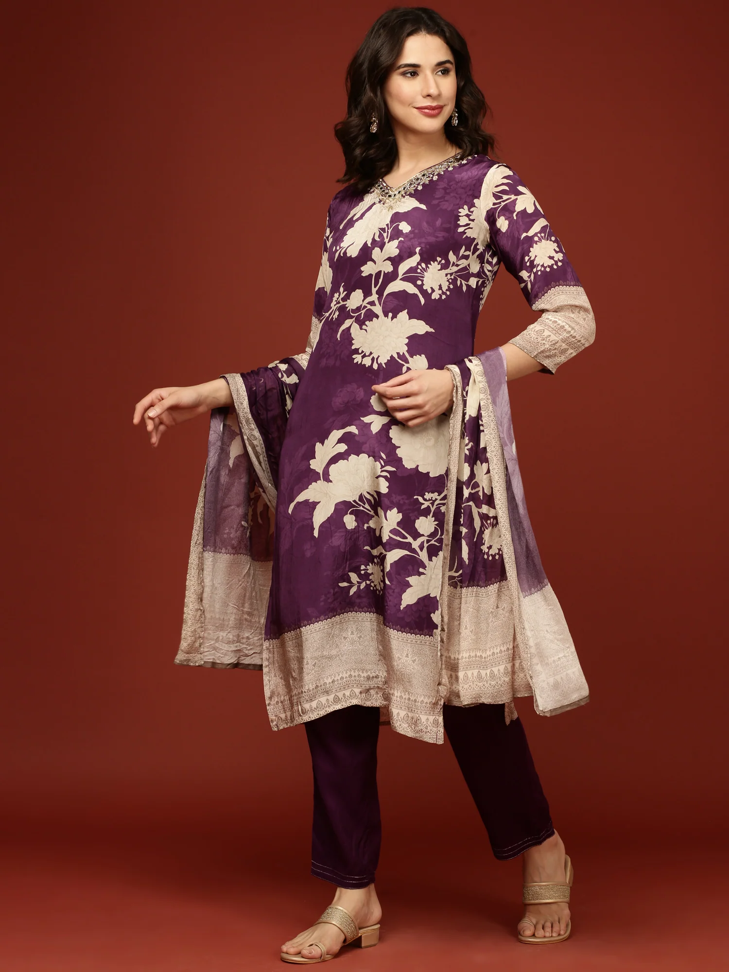 Purple Crepe Floral Printed Three Piece Set - Image 5