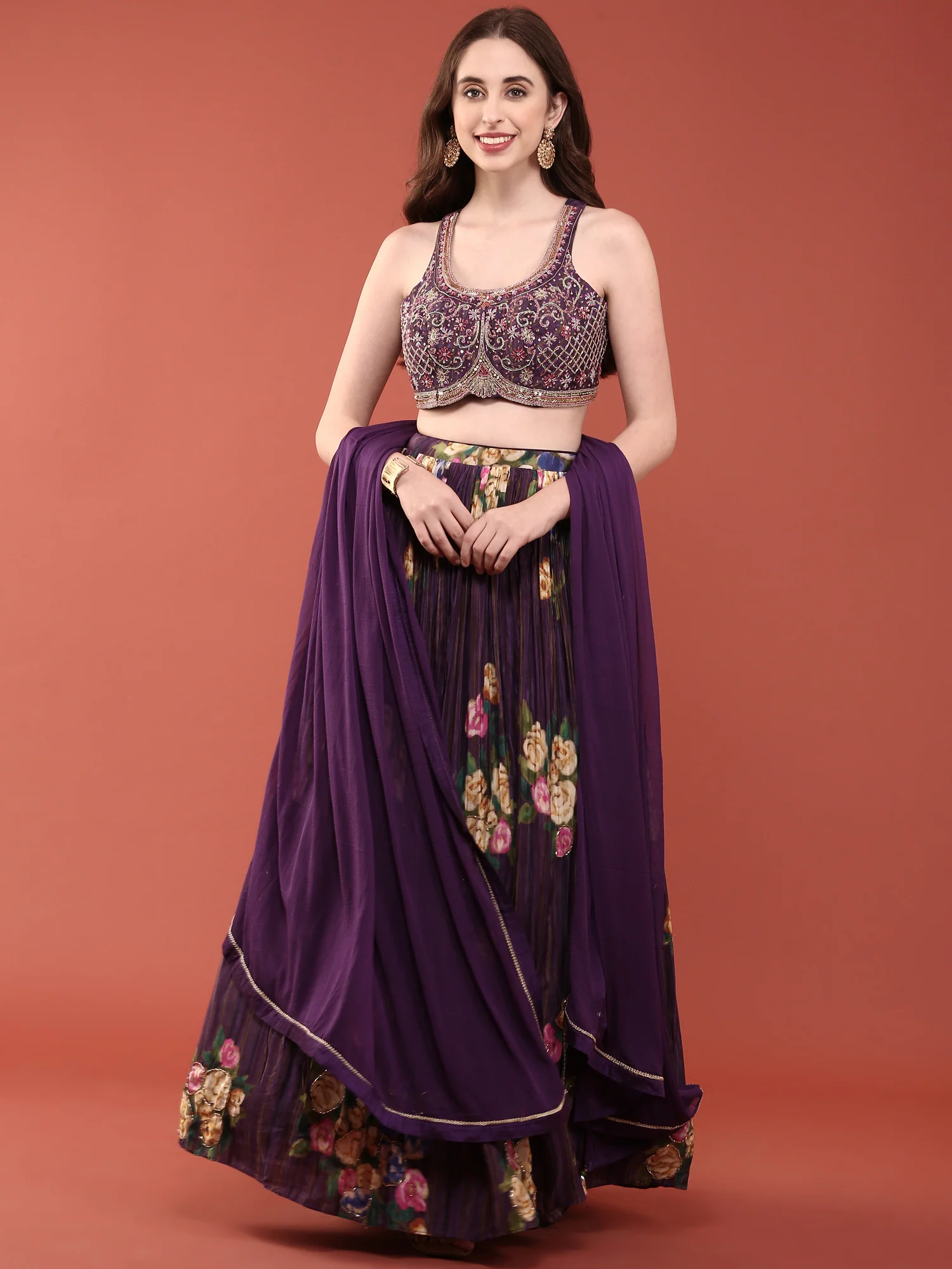 Purple Crepe Hand Embroidered Ghagra Set