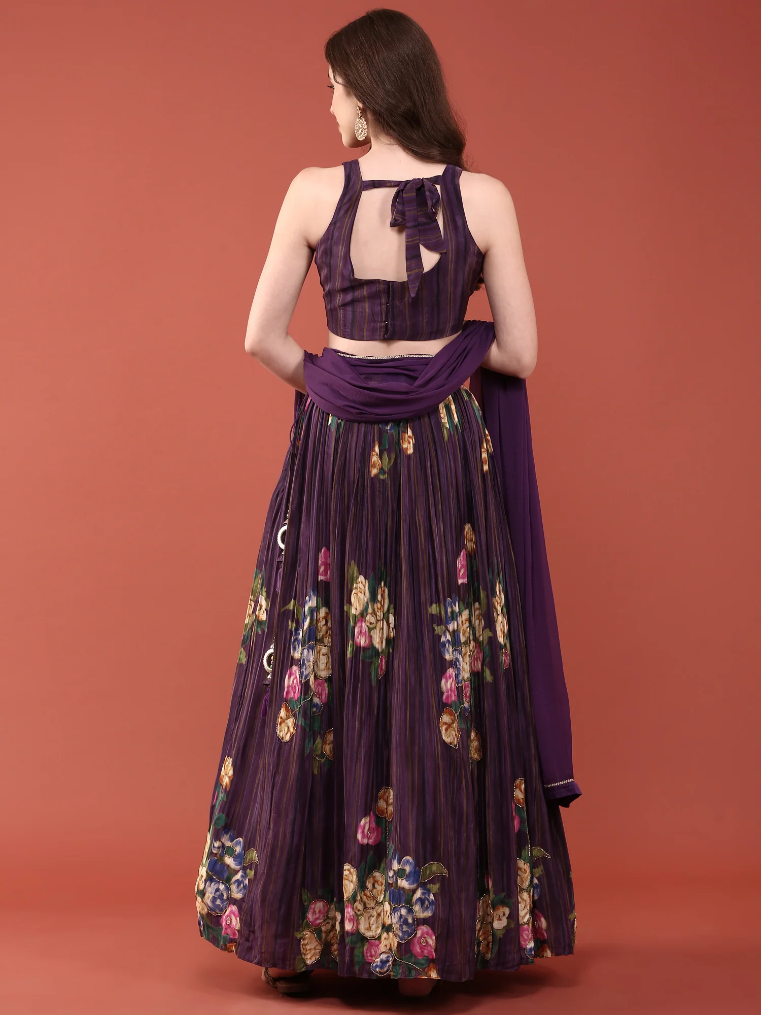 Purple Crepe Hand Embroidered Ghagra Set - Image 3
