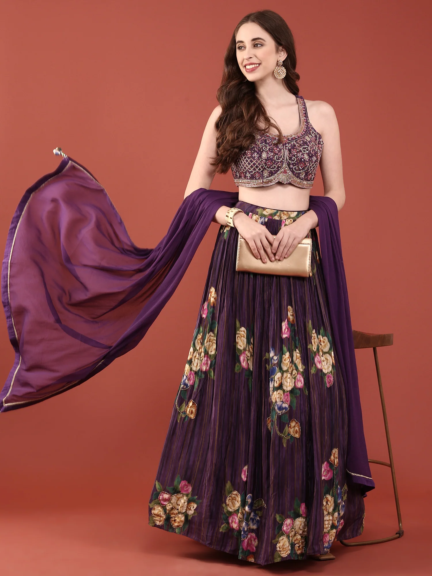 Purple Crepe Hand Embroidered Ghagra Set - Image 6