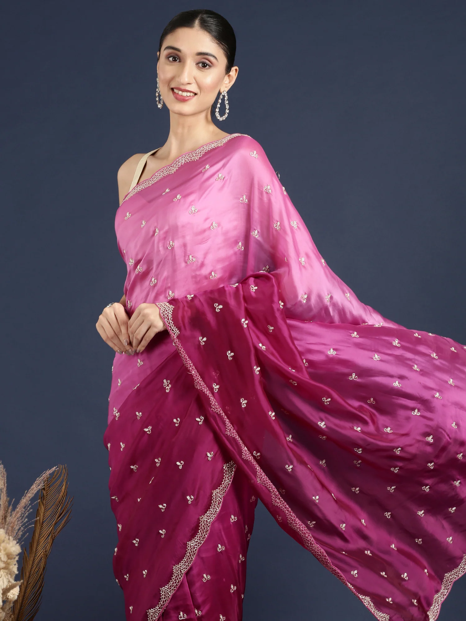 Purple Crepe Hand Embroidery Saree - Image 3
