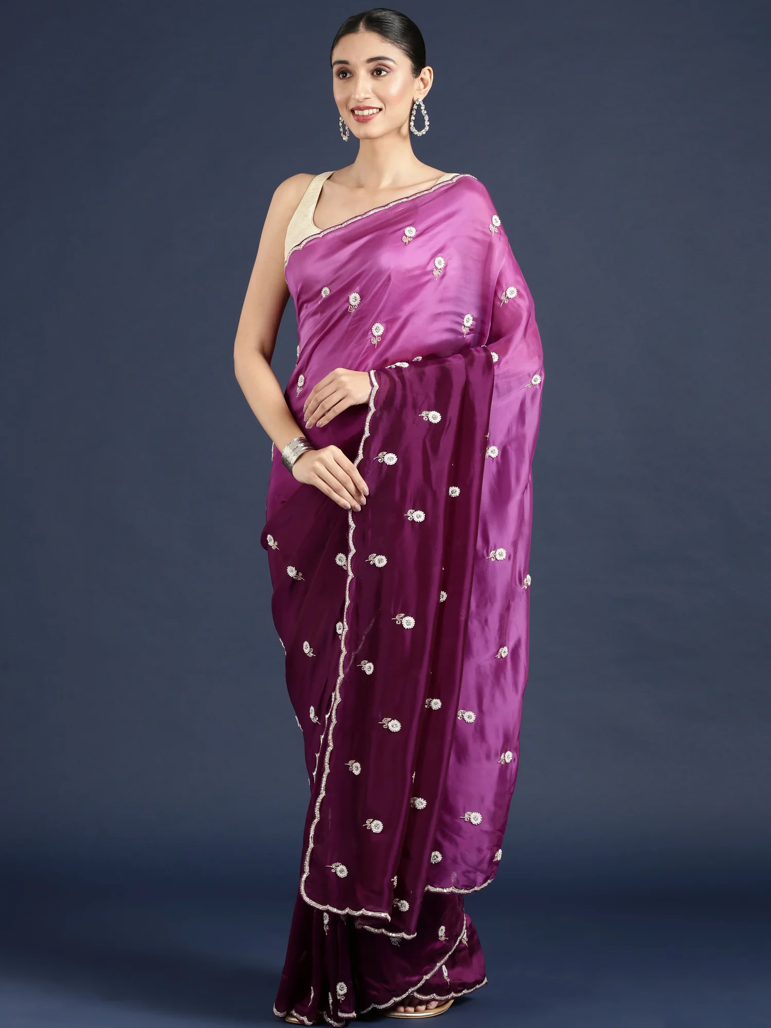 Purple Crepe Hand Embroidery Saree - Image 2