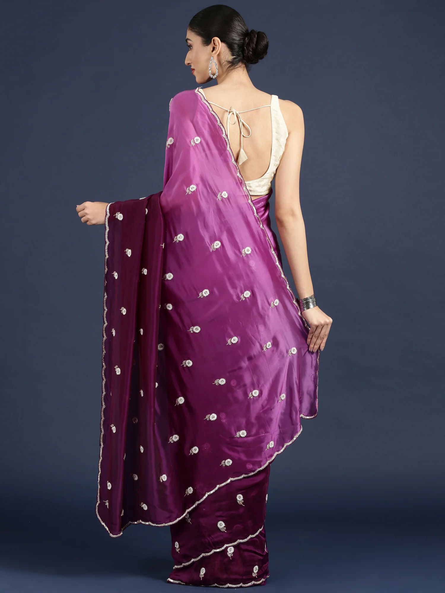 Purple Crepe Hand Embroidery Saree - Image 3