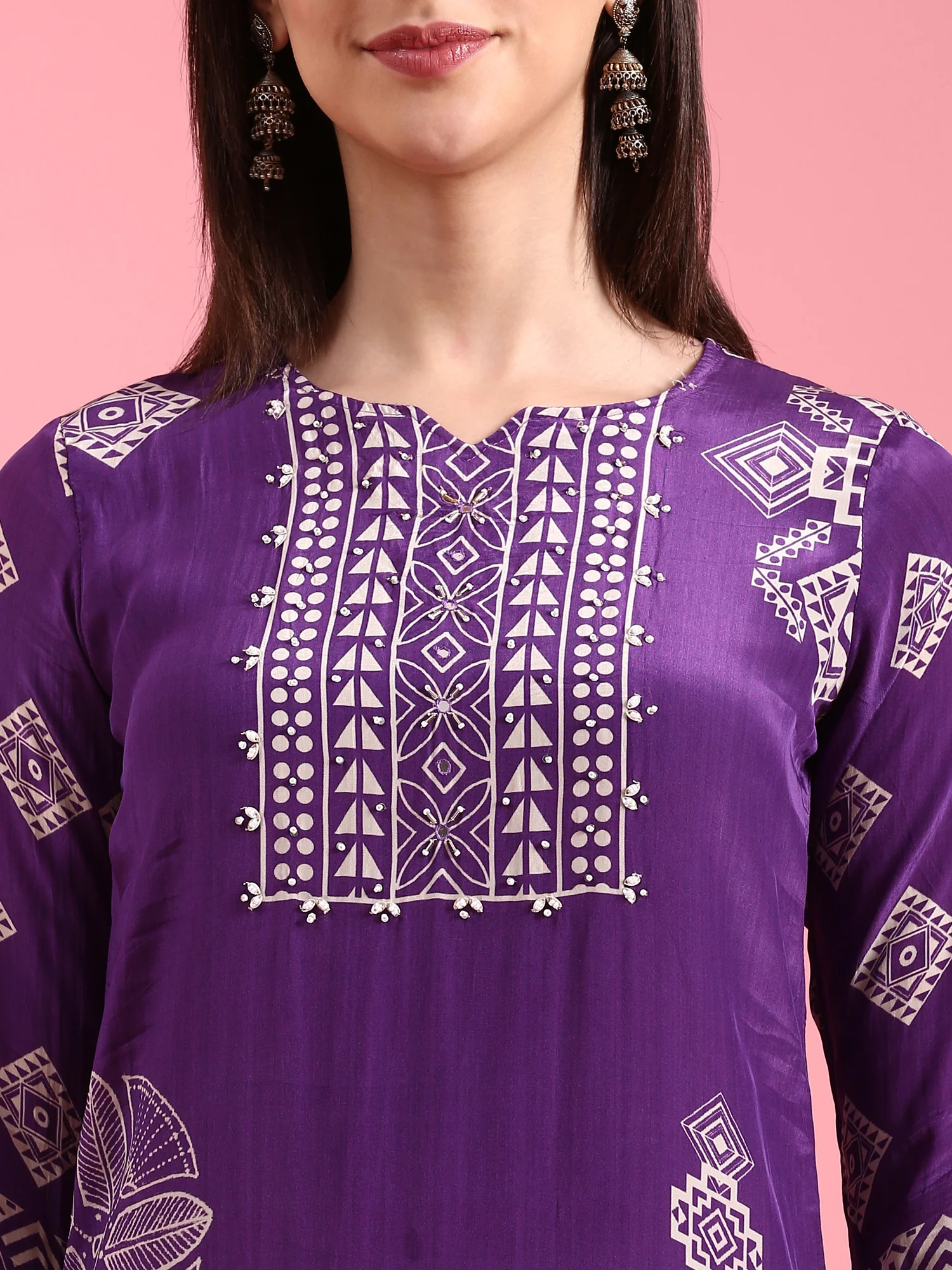 Purple Crepe Printed Three Piece Suit Set - Image 4