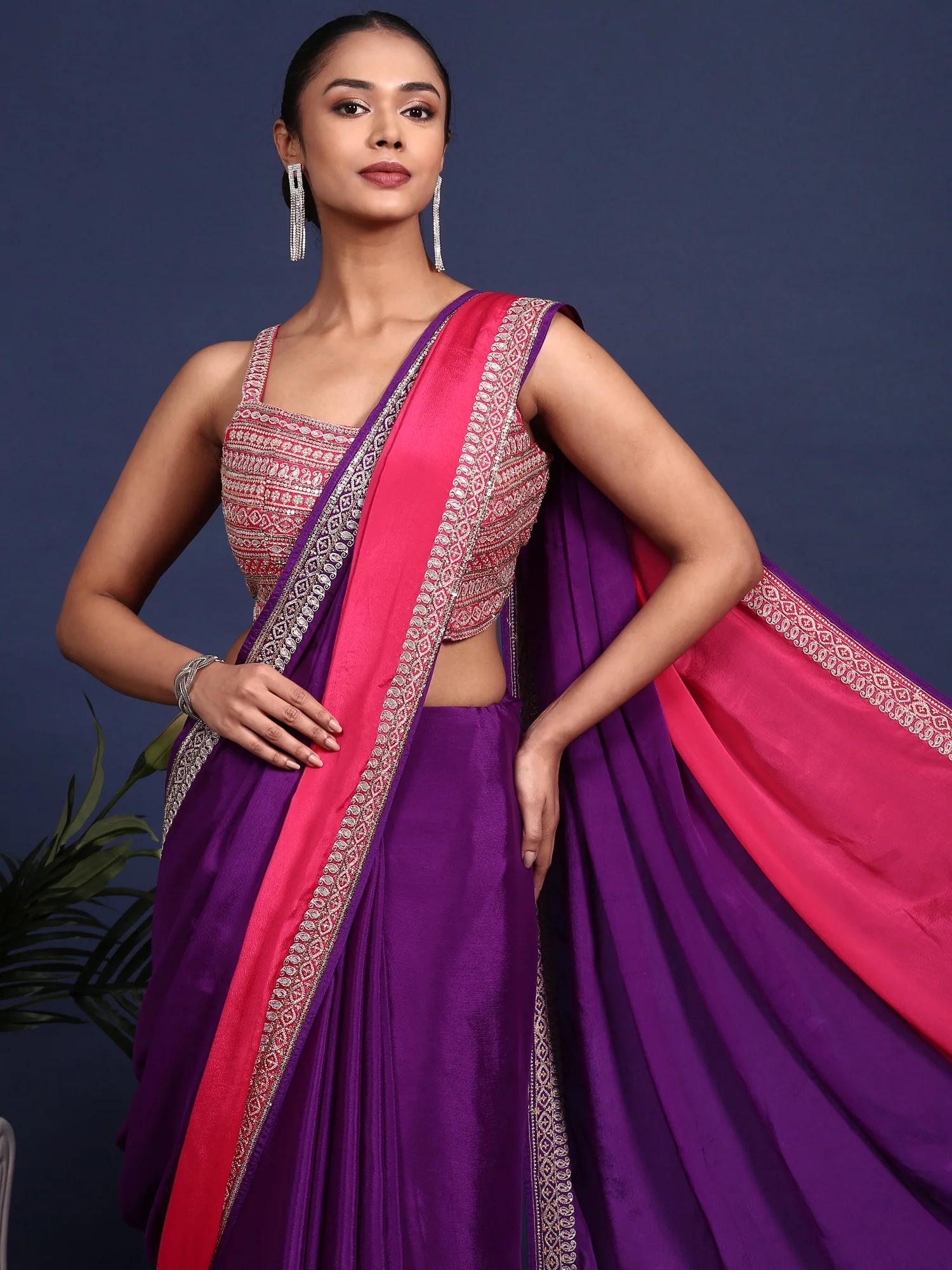 Purple Crepe Zari Embroidery Saree With Readymade Blouse - Image 2