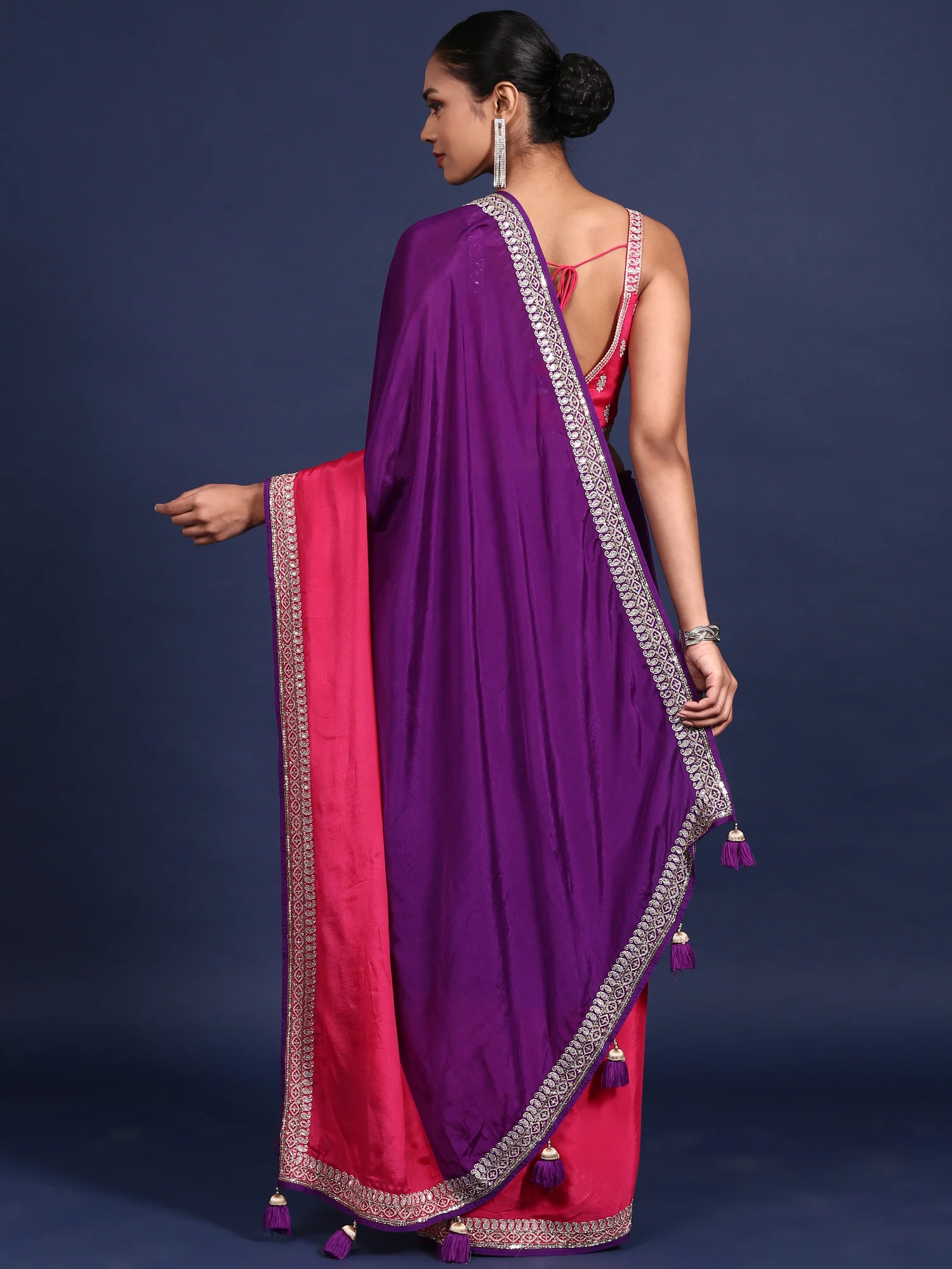 Purple Crepe Zari Embroidery Saree With Readymade Blouse - Image 3