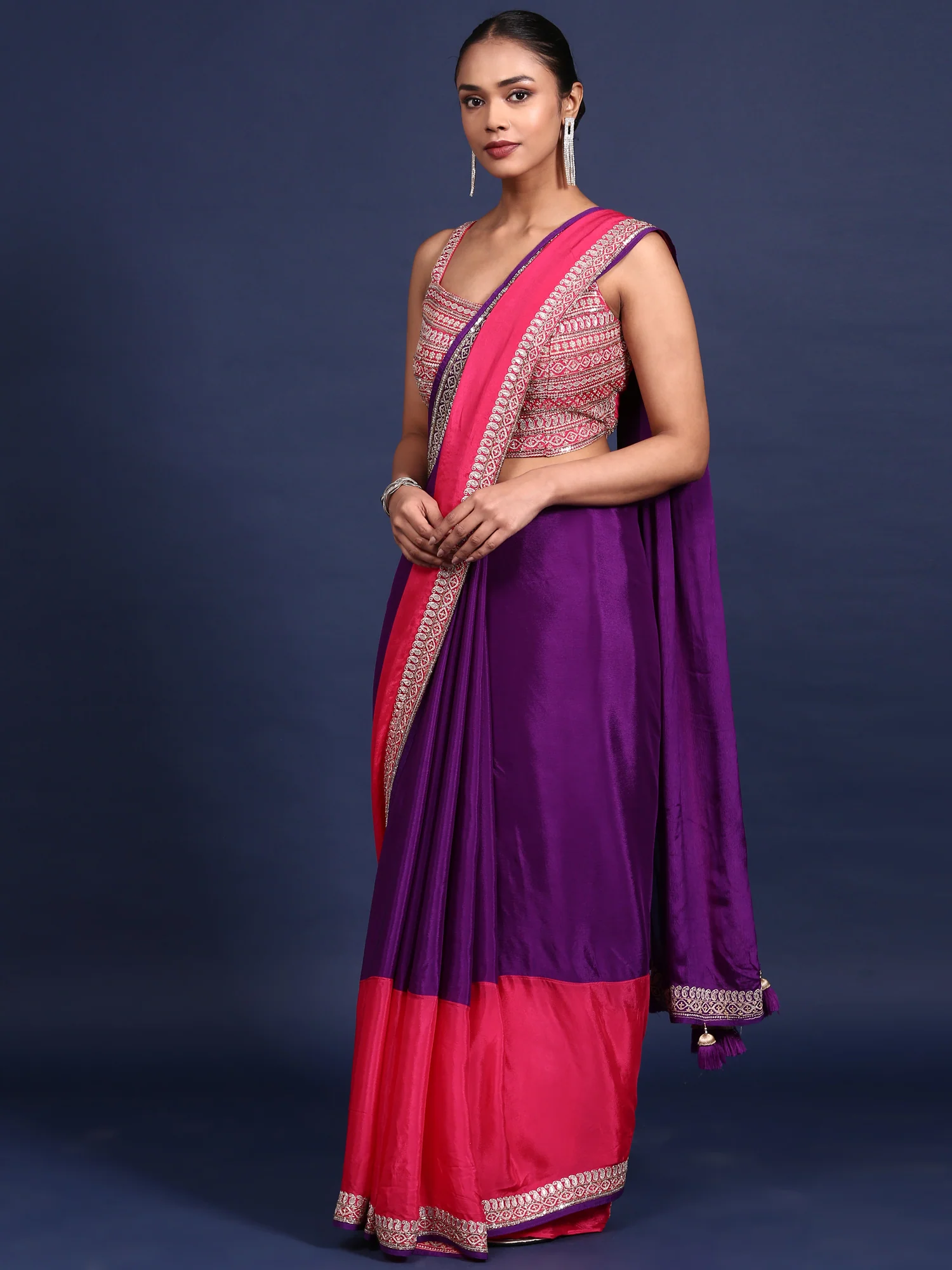 Purple Crepe Zari Embroidery Saree With Readymade Blouse - Image 4