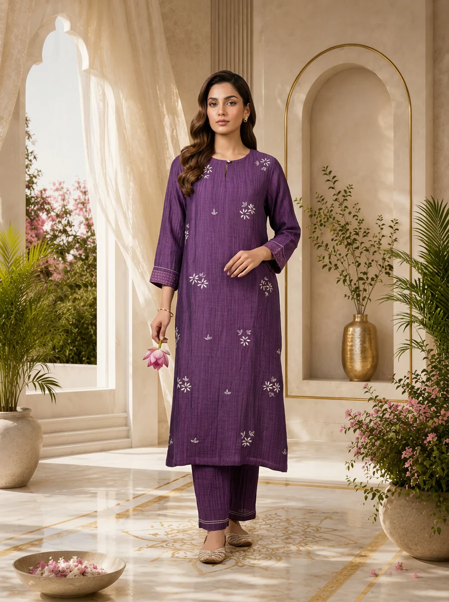 Purple Floral Thread Embroidery Linen Two Piece Set
