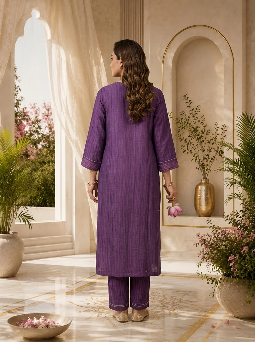 Purple Floral Thread Embroidery Linen Two Piece Set - Image 2