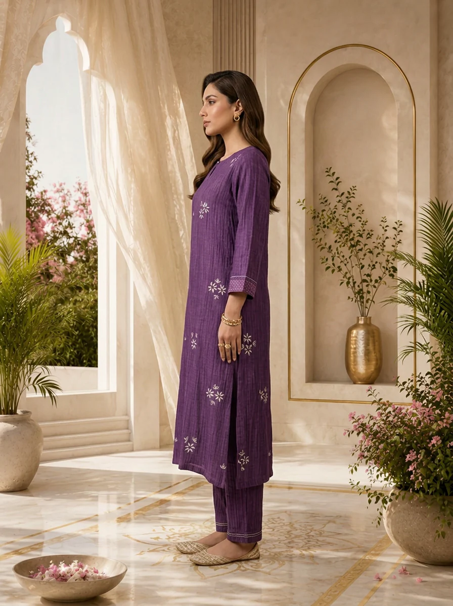 Purple Floral Thread Embroidery Linen Two Piece Set - Image 3