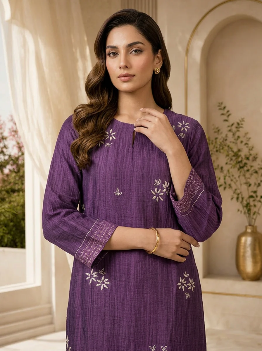 Purple Floral Thread Embroidery Linen Two Piece Set - Image 4