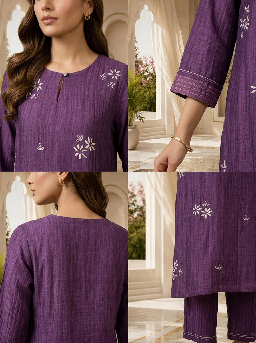 Purple Floral Thread Embroidery Linen Two Piece Set - Image 5