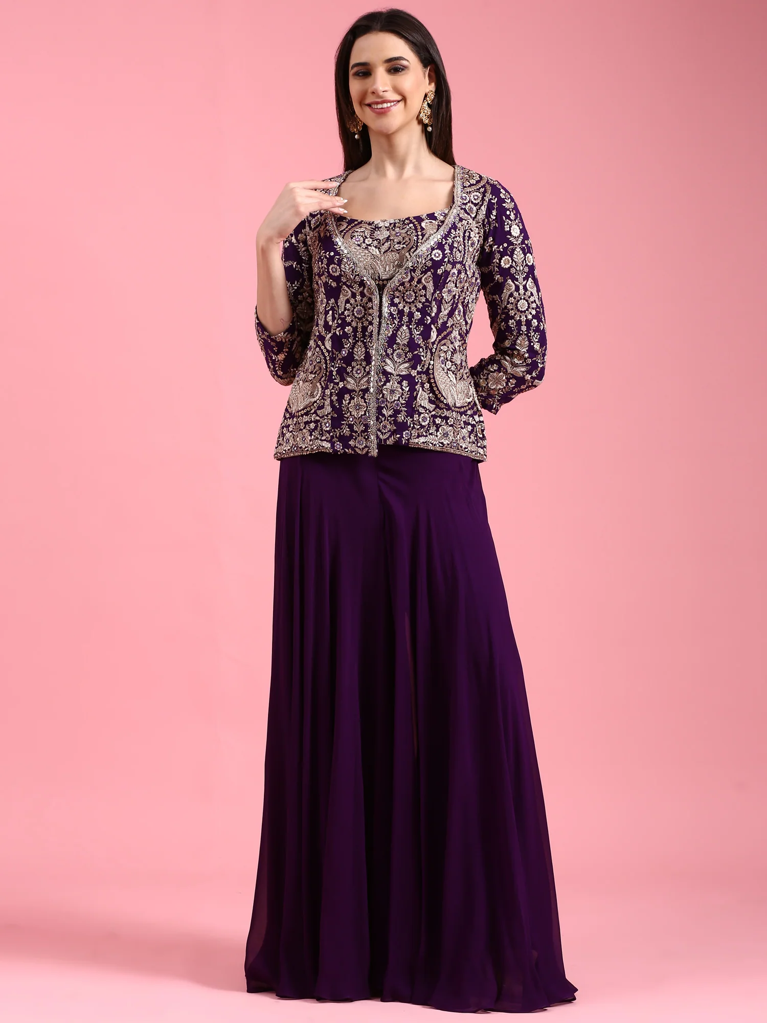 Purple Georgette Embroidered Jacket Set With Crop Top