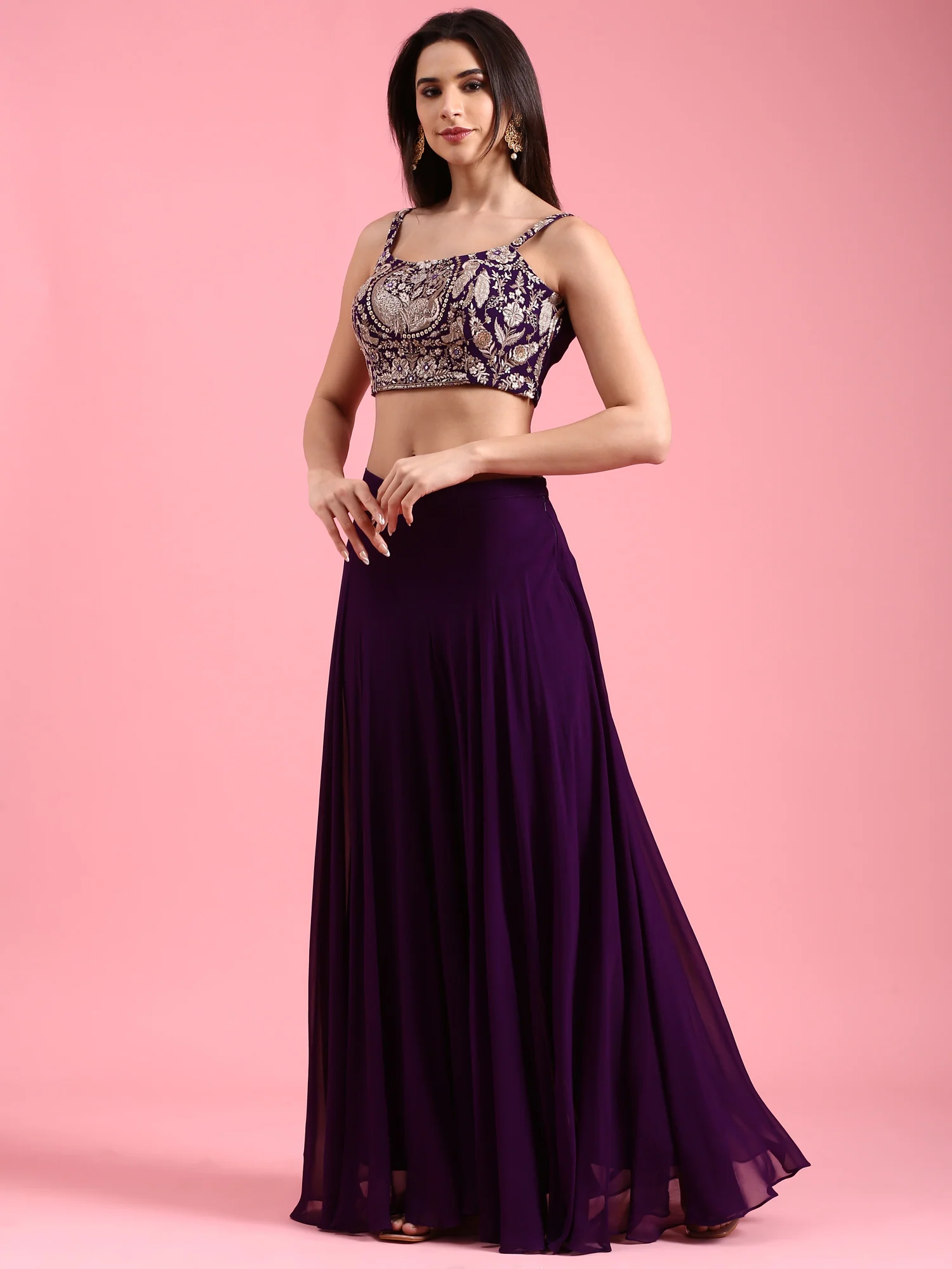 Purple Georgette Embroidered Jacket Set With Crop Top - Image 2