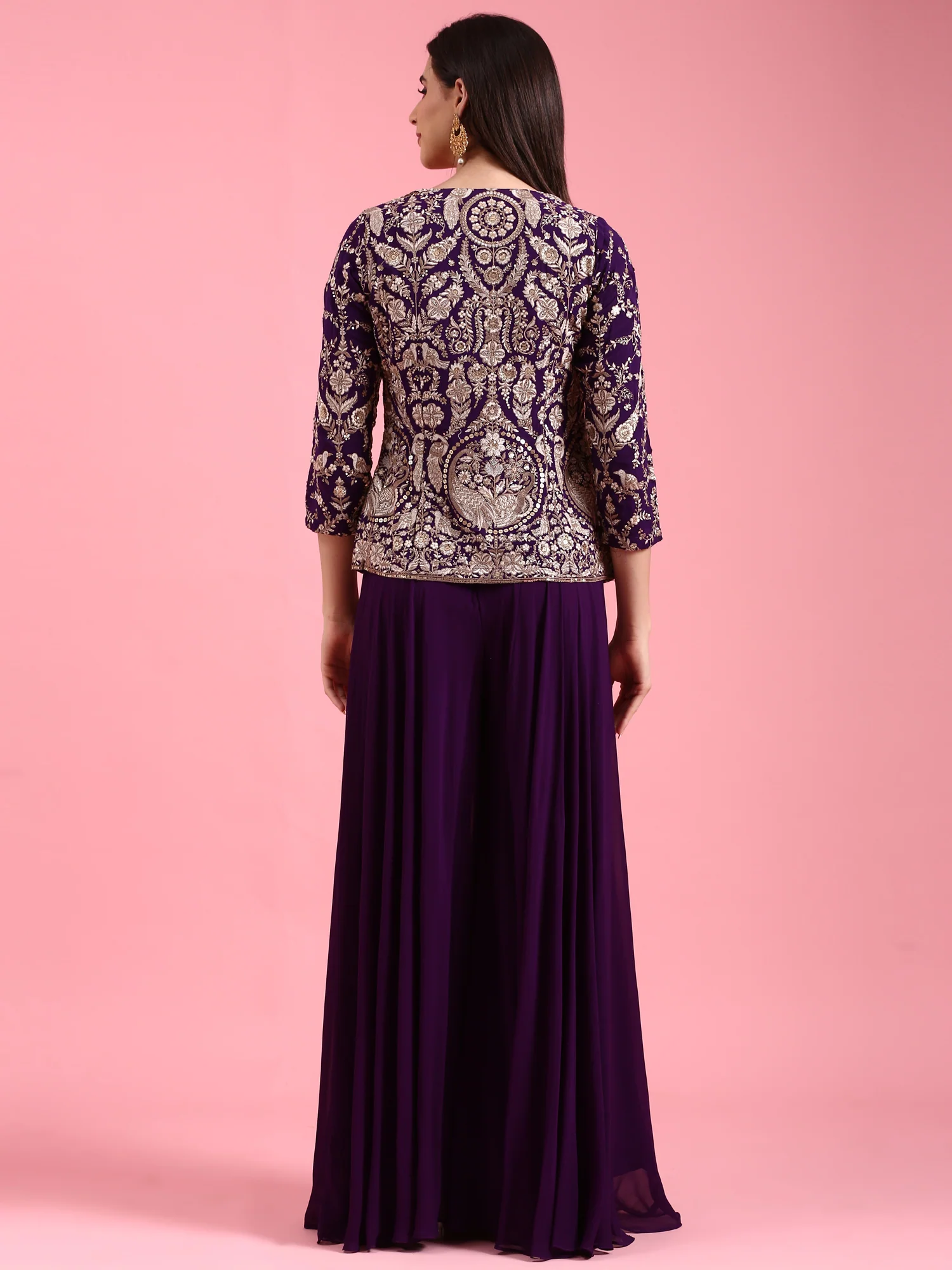 Purple Georgette Embroidered Jacket Set With Crop Top - Image 3