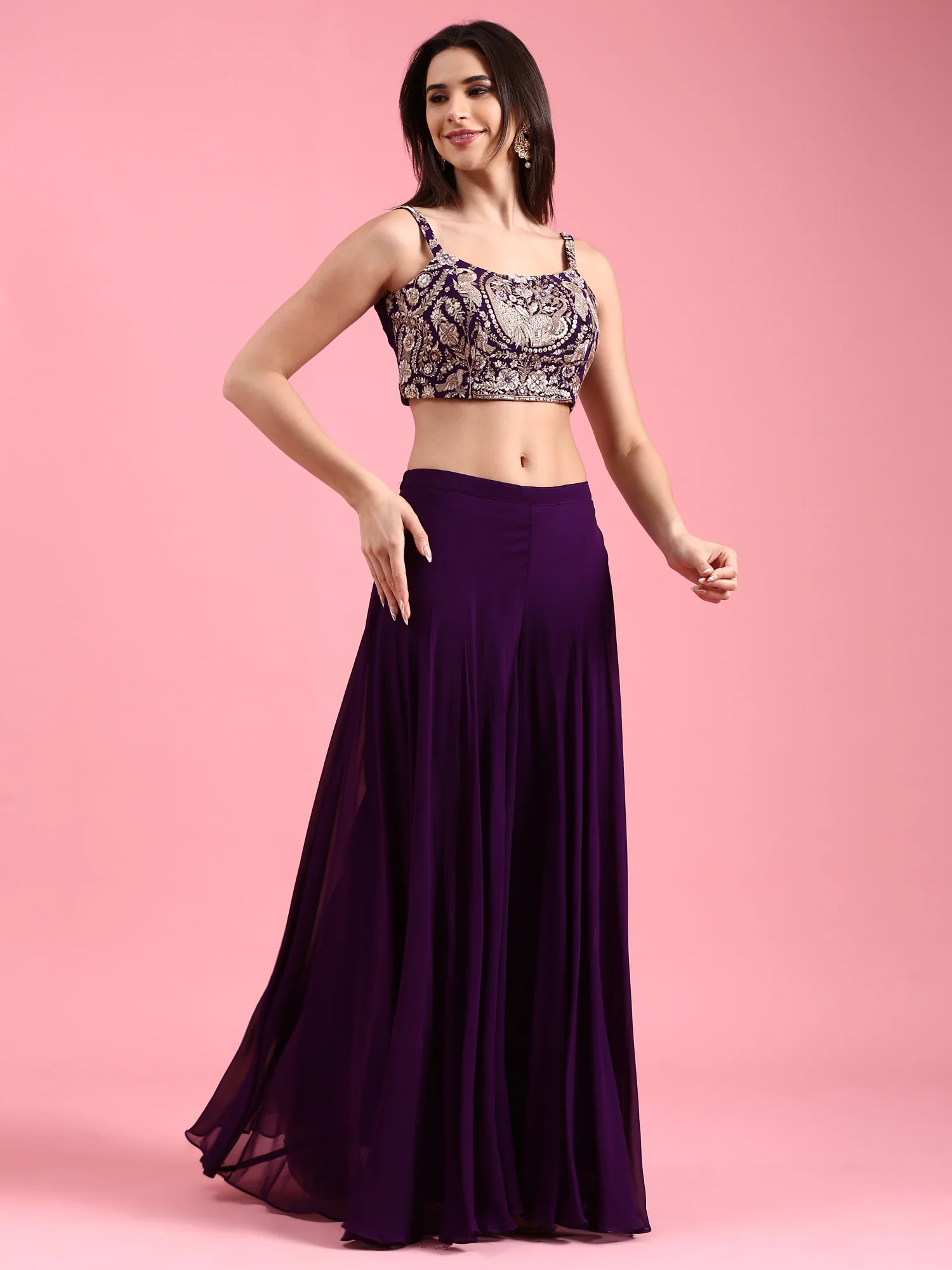 Purple Georgette Embroidered Jacket Set With Crop Top - Image 5