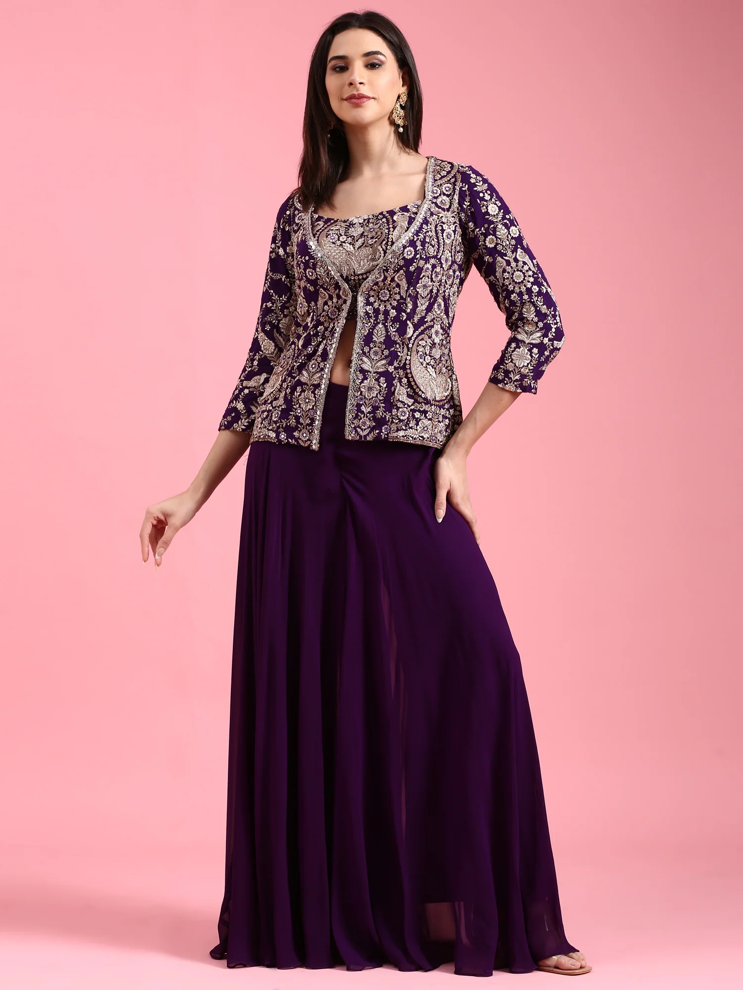 Purple Georgette Embroidered Jacket Set With Crop Top - Image 7