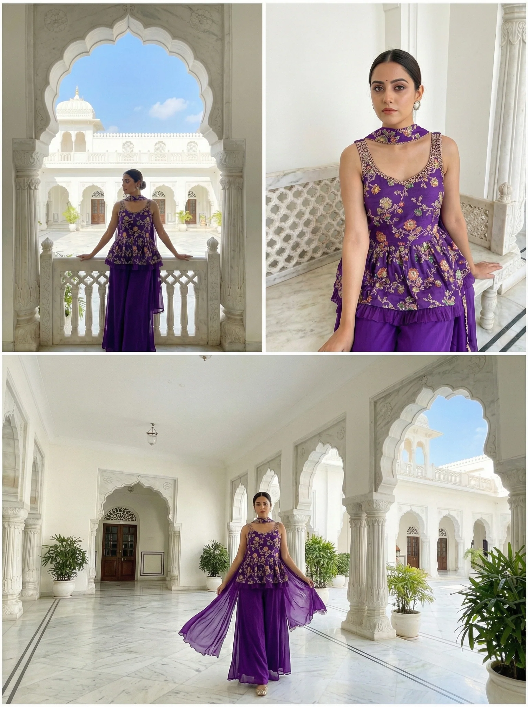 Purple Georgette Floral Embroidered Kurti And Palazoo Set - Image 2