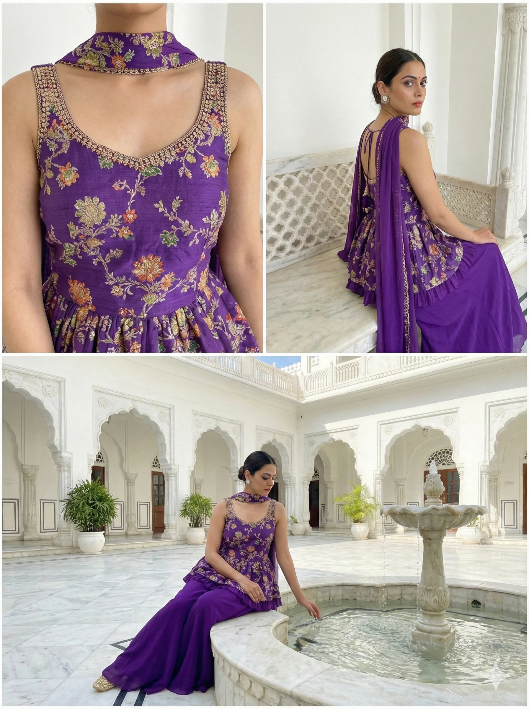 Purple Georgette Floral Embroidered Kurti And Palazoo Set - Image 4