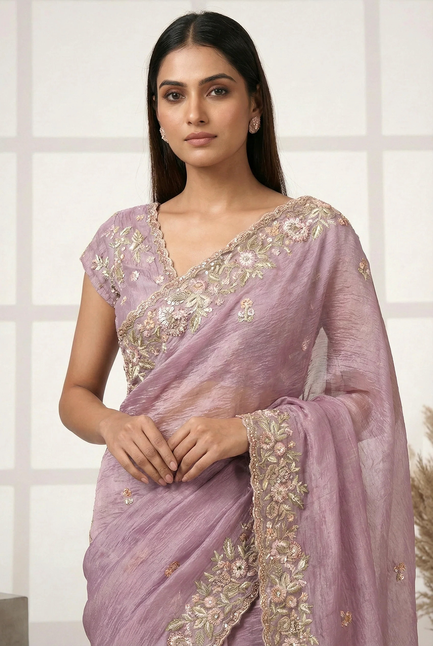 Purple Georgette Floral Hand Embroidered Saree - Image 2