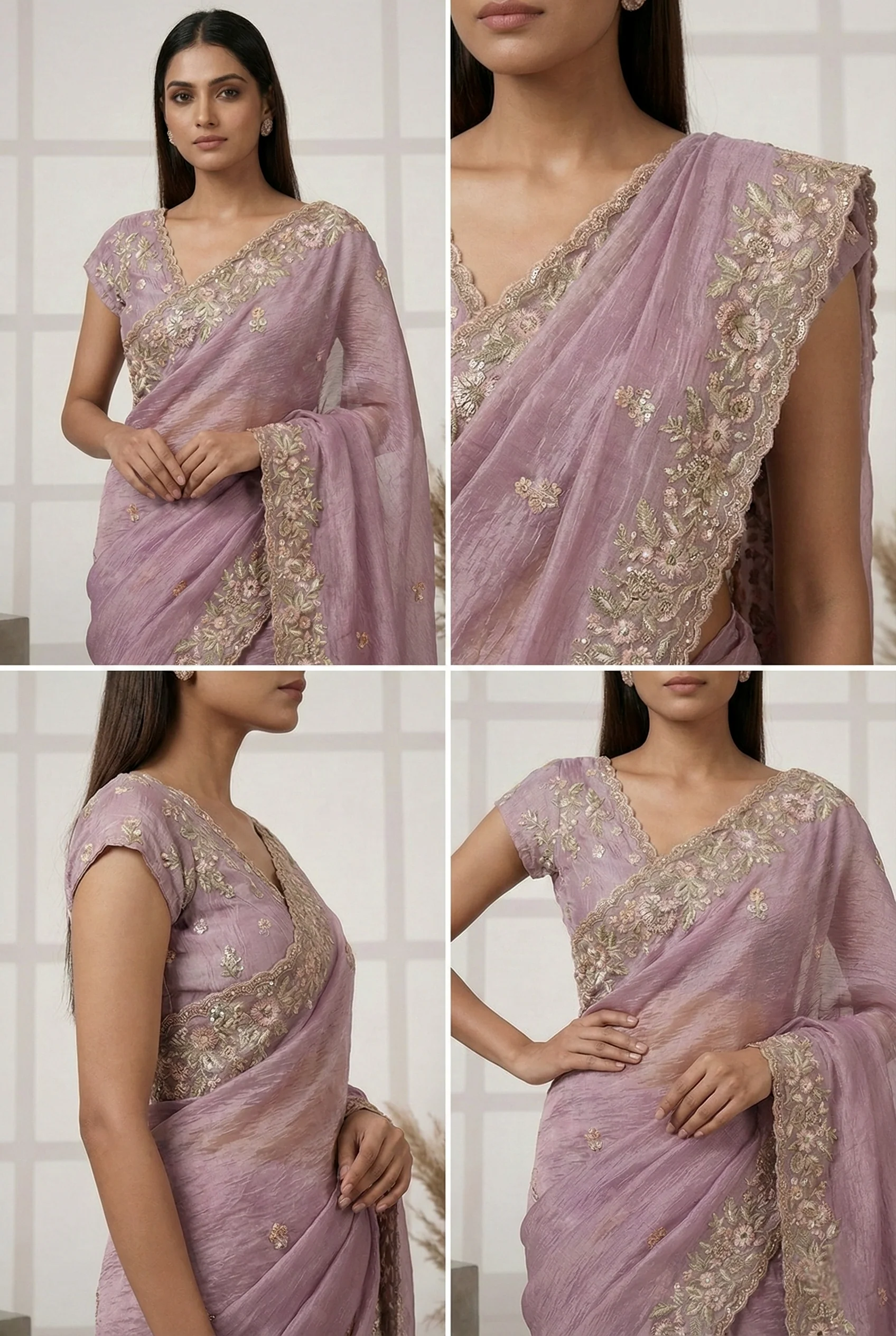 Purple Georgette Floral Hand Embroidered Saree - Image 3