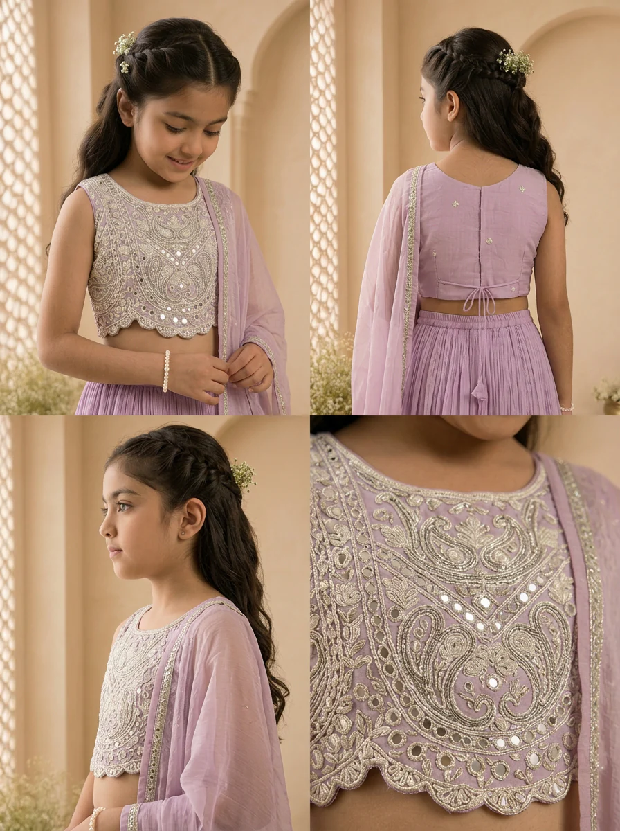 Purple Georgette Scallop Hem Embroidered Ghagra Set - Image 5