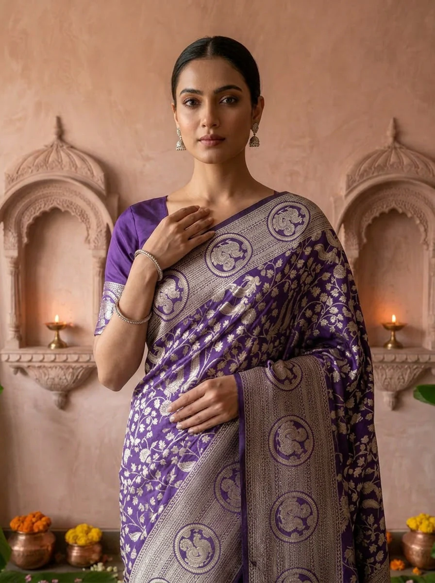 Purple Heavy Floral Design Silk Saree - Image 3
