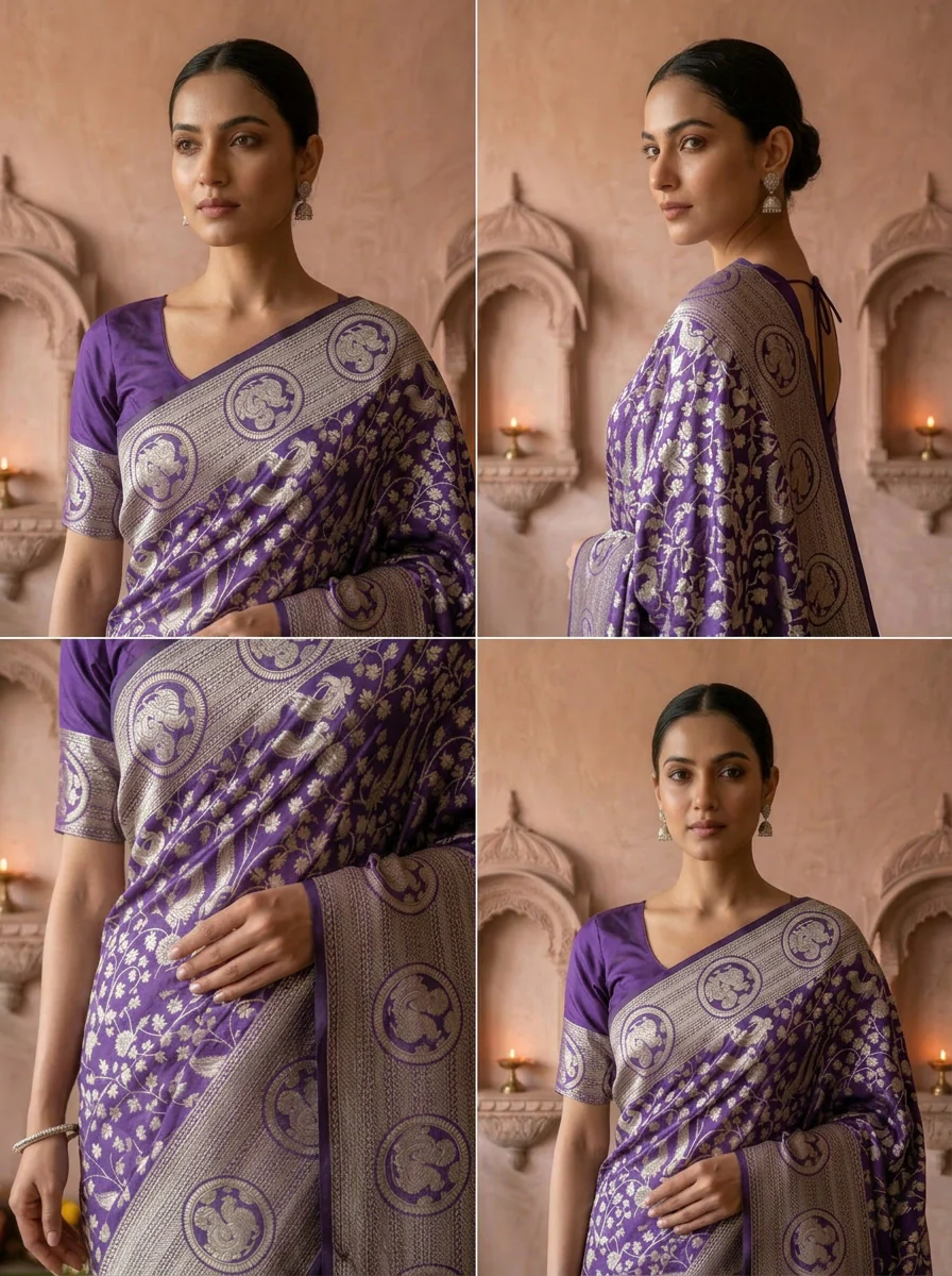 Purple Heavy Floral Design Silk Saree - Image 4