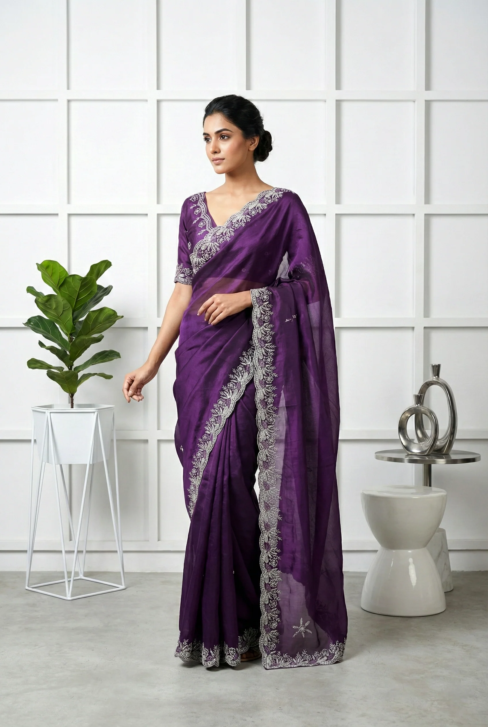 Purple Jimmy Choo Zari And Floral Embroidery Saree