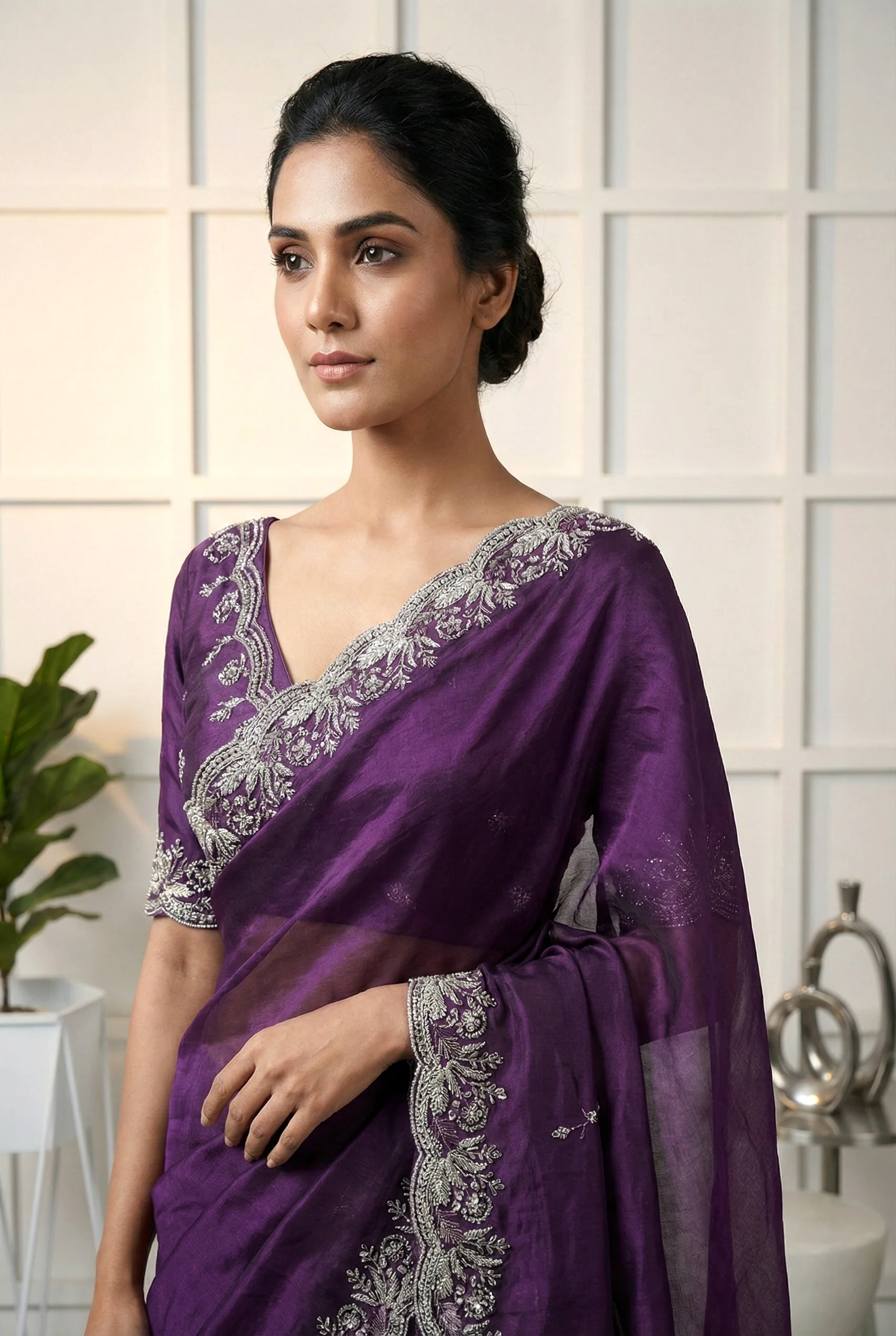Purple Jimmy Choo Zari And Floral Embroidery Saree - Image 3