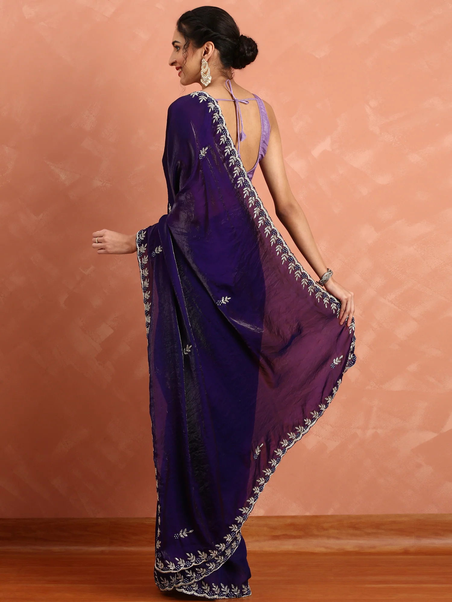 Purple Jimmy tissue saree with hand embroidery - Image 2
