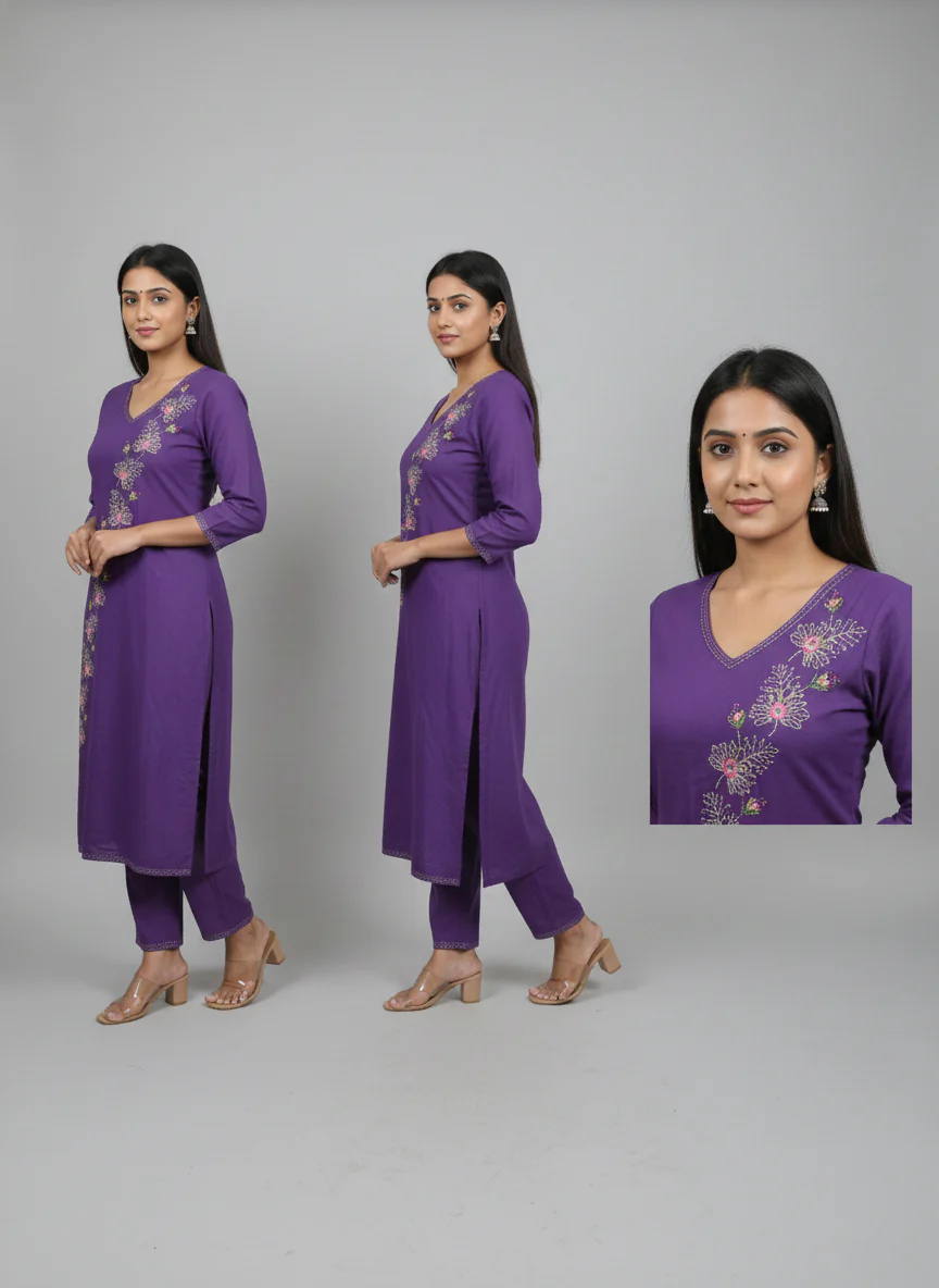 Purple Linen Floral Hand Embroidered Two Piece Set - Image 2