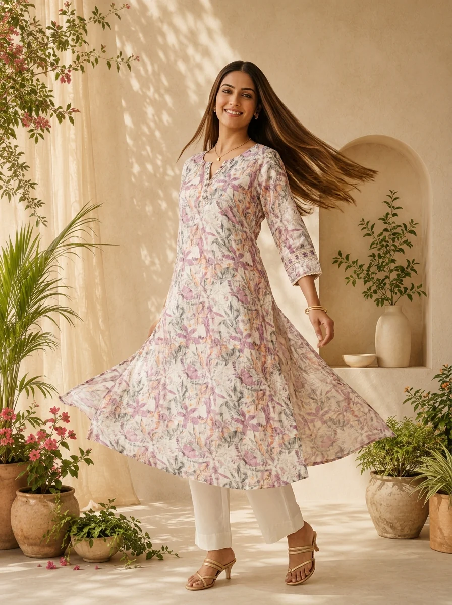Purple Linen Floral Printed And Thread Embroidery Kurta - Image 2