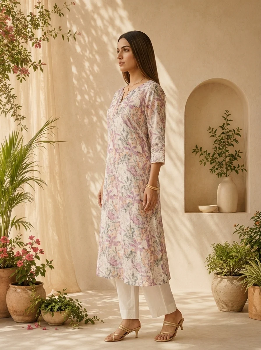 Purple Linen Floral Printed And Thread Embroidery Kurta - Image 4