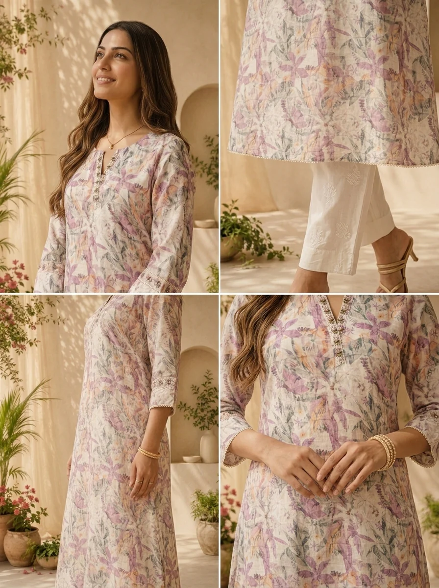 Purple Linen Floral Printed And Thread Embroidery Kurta - Image 5