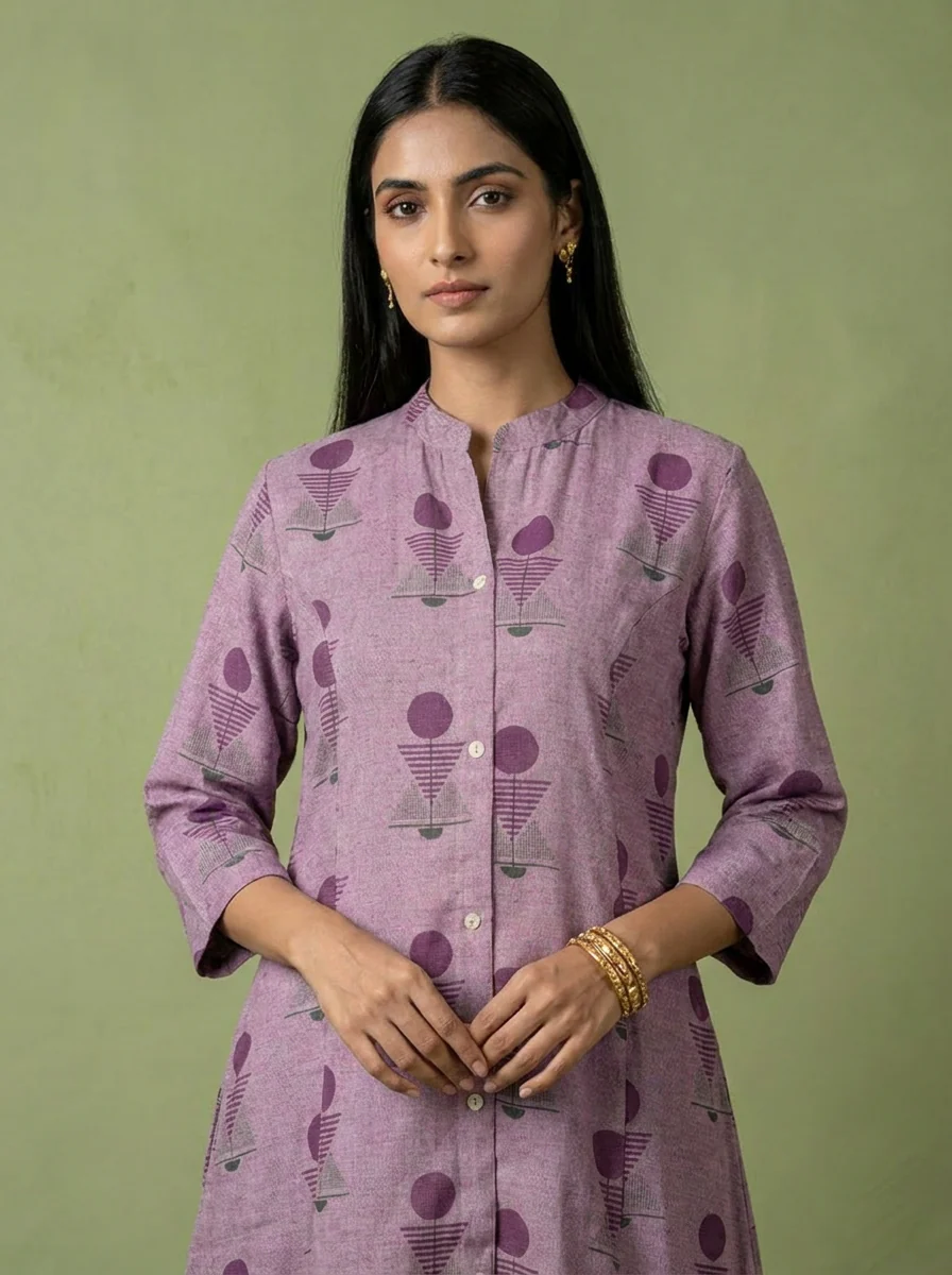 Purple Linen Hand Block Printed Two Piece Set - Image 4