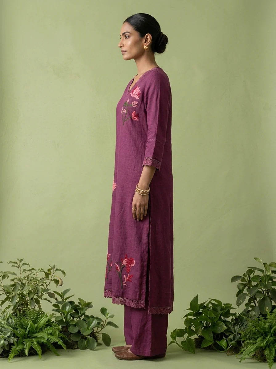 Purple Linen Thread Embroidered Two Piece Set - Image 2