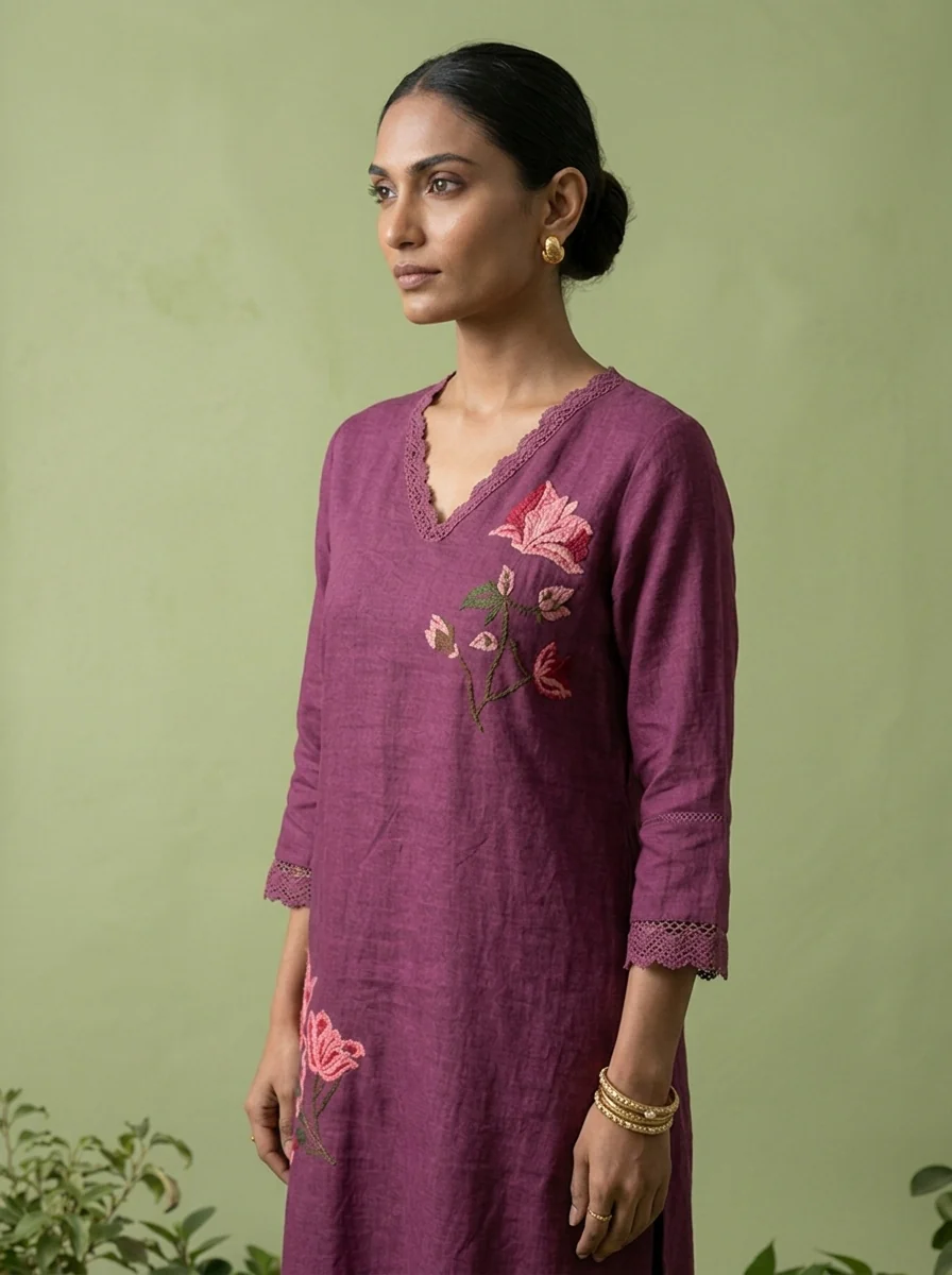 Purple Linen Thread Embroidered Two Piece Set - Image 4